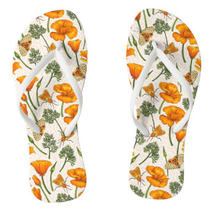 Tongs Pavot de Californie et papillons de nuit sur blanc