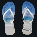 Tongs Plage De Professeur Retraitée Avec Chaises De Sabl<br><div class="desc">Le cadeau parfait pour enseigner à la retraite! Juste à temps pour porter des tongs à la plage tous les jours. Il y a une scène de plage calme avec l'océan et deux chaises dans le sable. Ils ont un "professeur retraité" sur eux. Sur le bouton droit, personnalisez avec votre...</div>