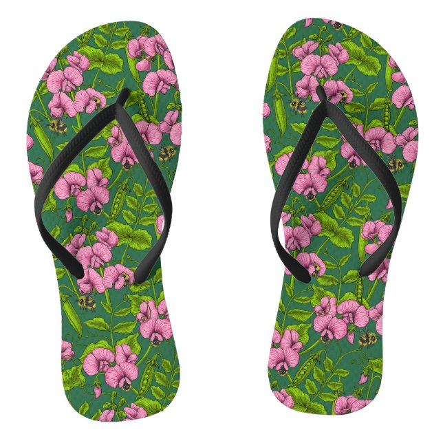 Tongs Pois doux et bourdons, vert et rose (Semelle)