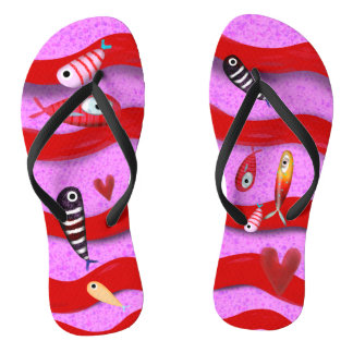 Tongs Poissons Vagues sandales lignes rouge et rose
