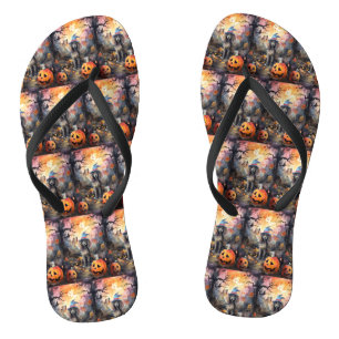 Tongs Poodle d'Halloween avec citrouilles effrayant