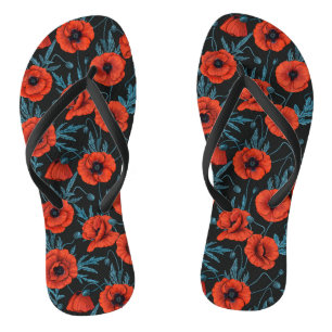 Tongs Poppies, rouge et bleu sur noir