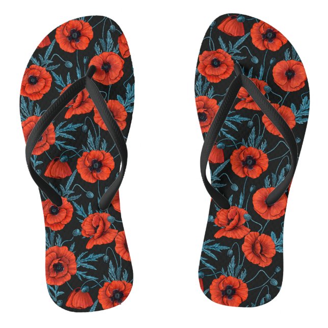 Tongs Poppies, rouge et bleu sur noir (Semelle)