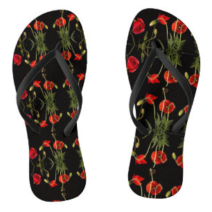 Tongs Poppies Rouges Vibrantes Sur Noir