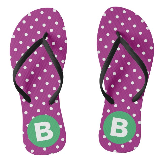 Tongs Purple Polka Dot Pattern Green Monogram (Semelle)