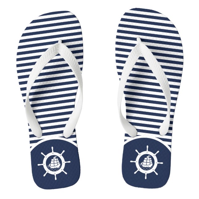 Tongs Rayures blanches et bleues & gouvernail de bateau  (Semelle)