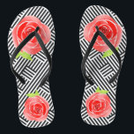 Tongs Rayures Noires et Blanches Roses Rouges<br><div class="desc">TONGUES pour FEMMES ou HOMMES avec un design personnalisé de roses rouges sur un fond de rayures diagonales noires et blanches en boîte. Amusant pour tous les jours ou à porter à une fête de Derby Day, une douche de mariée ou un cadeau amusant pour la fête de mariage. ARTICLES...</div>