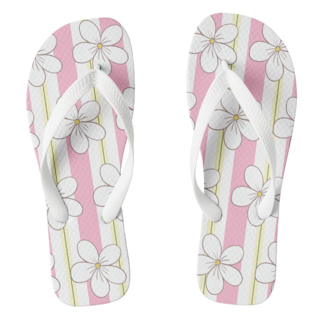 Tongs Rayures roses et blanches avec fleurs (Semelle)