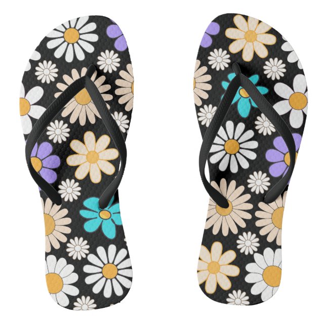 Tongs Retro Daisy Motif Simple.01. BG noir (Semelle)