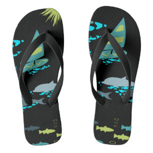 Tongs Rétro planche à voile verte et dauphins de noir