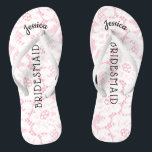 Tongs Rose blanc floral de dentelle du mariage de plage<br><div class="desc">Style vintage de dentelle de plage de mariage de bascule électronique de Faux floral personnalisé et romantique de sandales, dentelle blanche florale sur l'arrière - plan rose féminin. Nom de demoiselle d'honneur en haut dans le style incurvé et élégant, lettres de manuscrit. La demoiselle d'honneur est imprimée en bas du...</div>