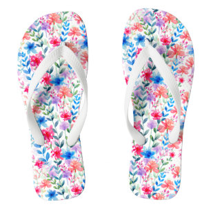 Tongs Rose Bleu Orange Vert Aquarelle Floral Fleurs