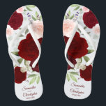 Tongs Rose de Boho rouge et rose pâle de Bourgogne<br><div class="desc">Dansez la nuit avec ces belles tongs mariages. Le design chic boho rustique présente des roses d'aquarelle peints à la main dans des tons bordeaux, rouge et rose roux, ainsi que des feuilles d'eucalyptus et de la verdure du jardin. Il y a de la place pour les noms du couple...</div>