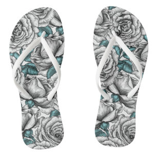 Tongs Roses blanches avec feuilles bleus