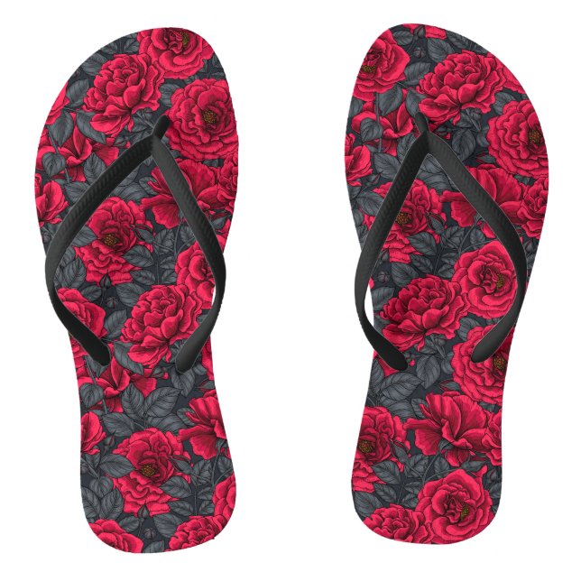Tongs Roses rouges avec feuilles gris sur noir (Semelle)