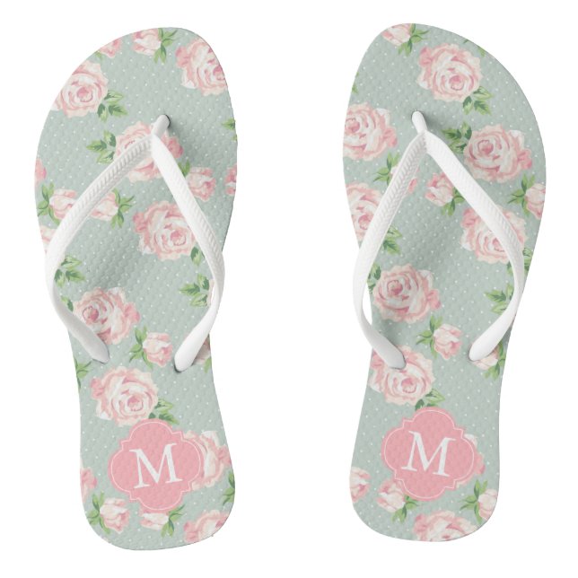 Tongs Roses Vintages rose et menthe Monogramme (Semelle)