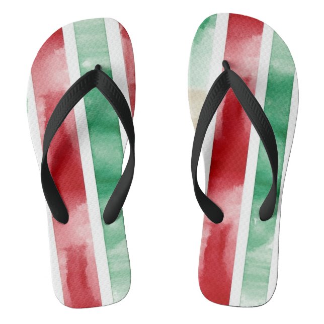 Tongs Rouge Vert Noël Aquarelle Rayures Flip Flops (Semelle)