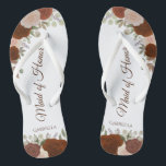 Tongs Rouille Orange Boho Chic Floral Maid of Honor Mari<br><div class="desc">Ces belles tongs mariages sont une excellente façon de remercier et de reconnaître votre bonne d'honneur tout en lui épargnant les pieds en même temps. Il présente un élégant design boho chic avec des roses d'aquarelle peints à la main dans les tons de rouille orange et de pêche de corail,...</div>