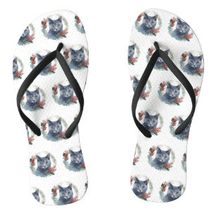 Tongs Russe Blue Chat Noël Wreath Festive Kitten