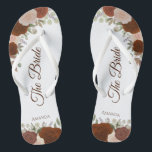 Tongs Rust Orange Boho Automne Roses La Mariage<br><div class="desc">Dansez la nuit avec ces belles tongs mariages. Conçues pour la mariée, elles présentent un design rustique mais élégant avec des roses d'aquarelle peints à la main et des feuilles de jardin d'automne dans les tons de rouille orange, de terre cuite, de pêche corallienne et de bois brûlé. Belle façon...</div>