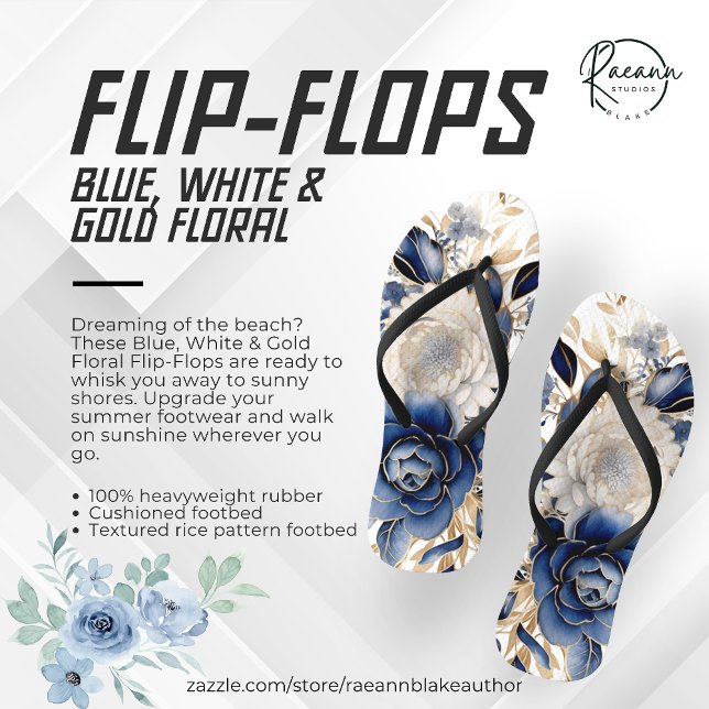 Tongs Sandales à fleurs bleu, blanc et or (Créateur téléchargé)