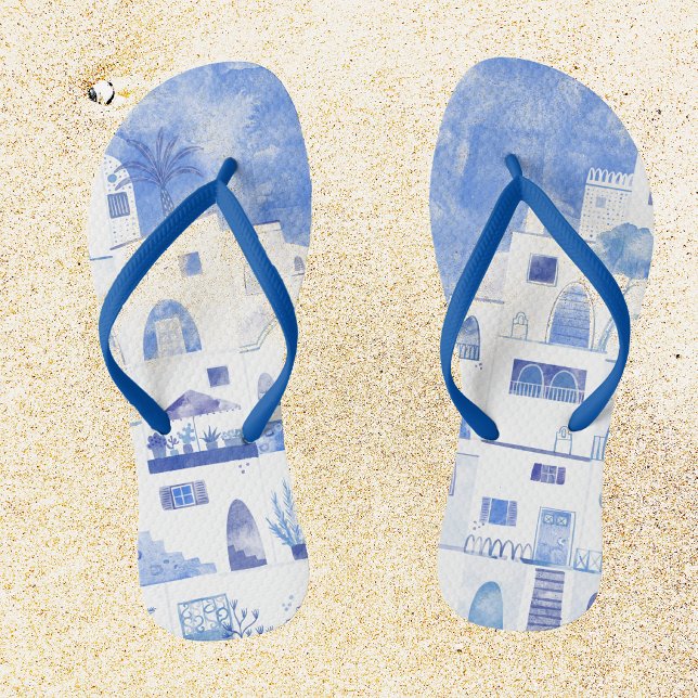 Tongs Santorin Grèce Aquarelle Bleu Blanc (Créateur téléchargé)
