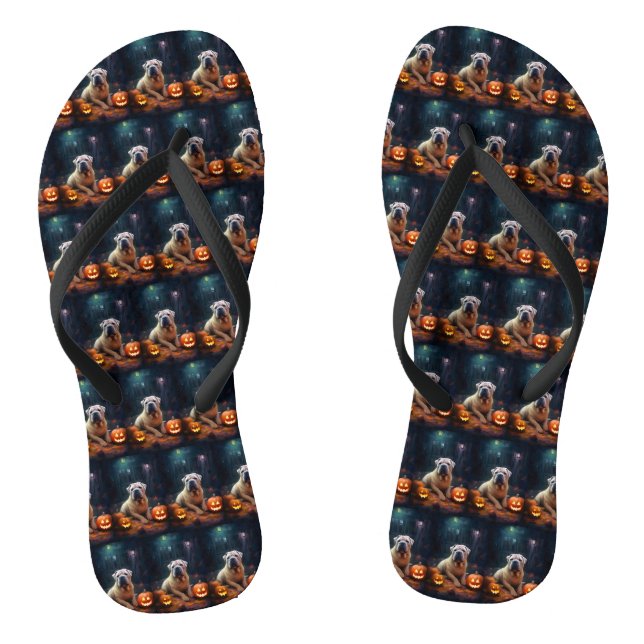 Tongs Shar Pei Halloween avec citrouilles effrayant (Semelle)