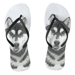 Tongs Sibérie Husky (noir et blanc) Peinture Chien Art