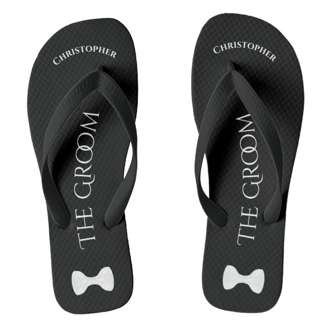 Tongs Simple Fun Groom's Name & Bow Cravate Mariage (Semelle)