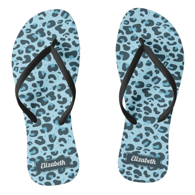 Tongs Taches de léopard bleu clair élégant avec nom (Semelle)
