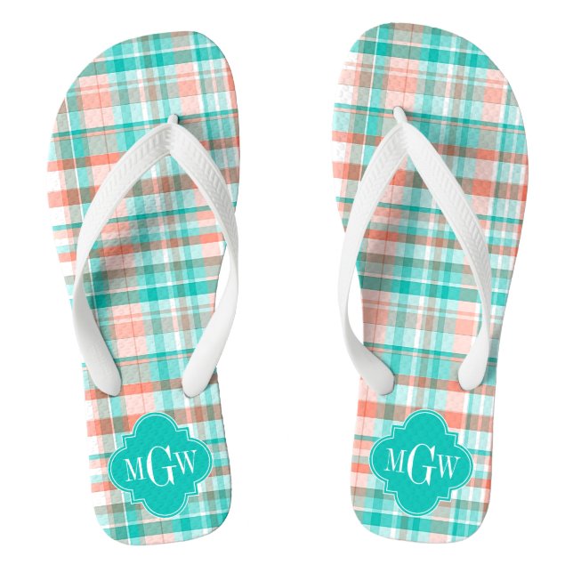 Tongs Teal Coral White Preppy Madras (Semelle)
