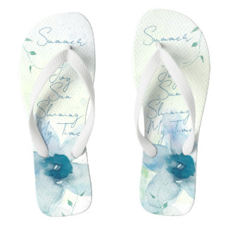 Tongs Texte d'été Fleurs aquarelles bleues Peintes à la 