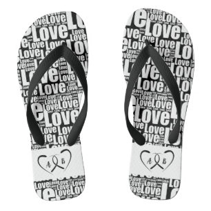 Tongs Typographie d'amour blanche et deux coeurs