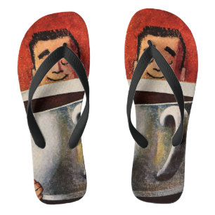 Tongs Vintage Happy Man Boire la Coupe Géante de Café