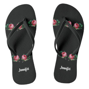 Tongs Vintage rose fleur nom personnalisé noir