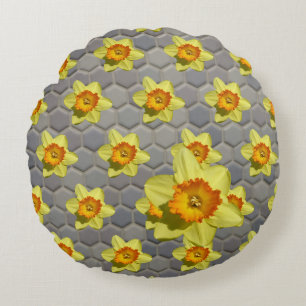 Tons de Motif bleu Daffodiles Coussin rond