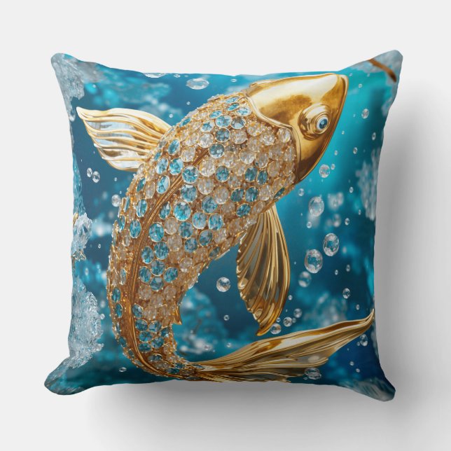 Topaze bleue|Carpe Koï dorée|Or| Coussin de jet (Recto)