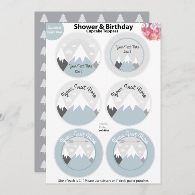 Toppers Cupcake Montagnes, Invitation Baby shower (Devant / Derrière)