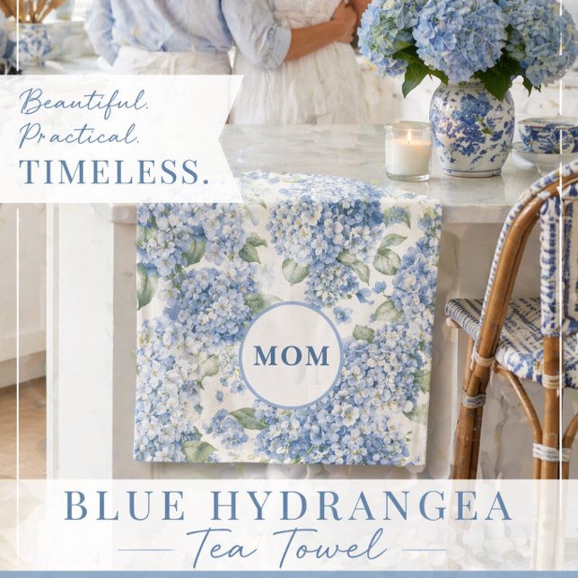 Torchon à thé Hydrangea bleu Cadeau pour Maman (Looking for the perfect gift for Mom? This elegant blue hydrangea tea towel is timeless and charming)