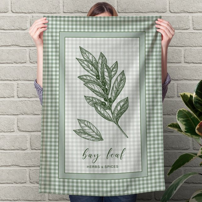 Torchon de cuisine à la feuille de laurier – Bordu (Bay Leaf Herb Kitchen Towel – Green Gingham Border)