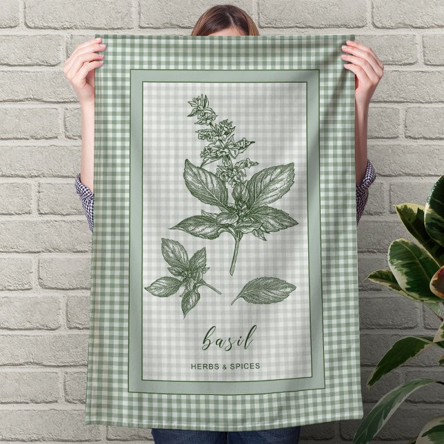 Torchon de cuisine à l'herbe de Basilic – Bordure  (Basil Herb Kitchen Towel – Green Gingham Border)