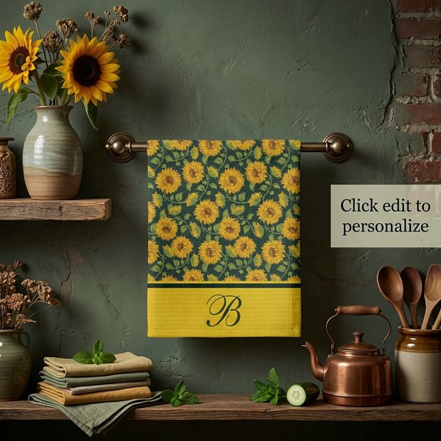 Torchon de cuisine à monogramme tournesols (Créateur téléchargé)