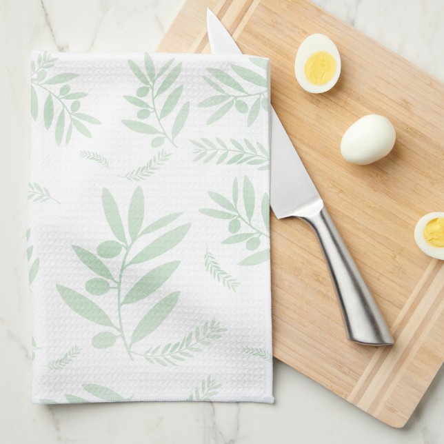 Torchon de cuisine à motif branche d'olive naturel (Quart Plié)