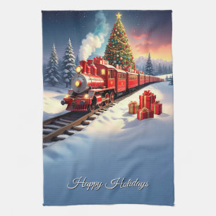 Torchon de cuisine arbre de Noël train rouge vacan