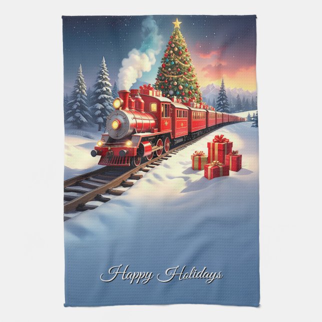 Torchon de cuisine arbre de Noël train rouge vacan (Vertical)