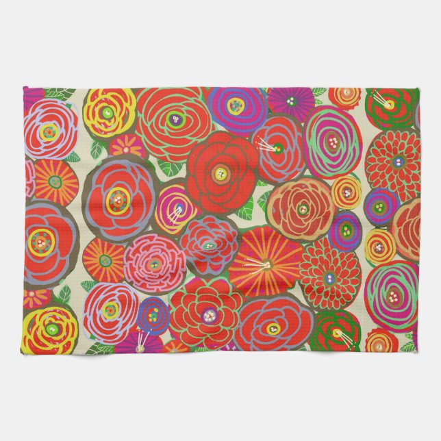 Torchon de cuisine avec fleurs rouges (Horizontal)