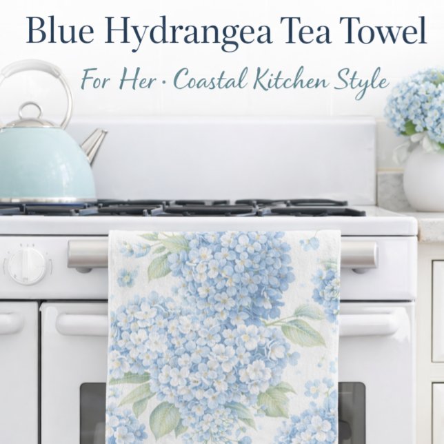 Torchon de cuisine bleu hydrangea aquarelle côtier (Beautiful blue hydrangea tea towel to elevate your coastal kitchen and everyday styling)