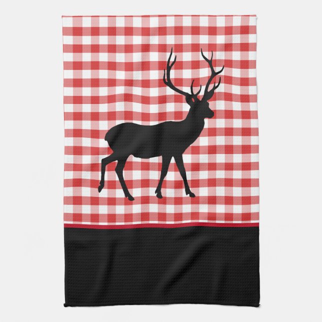 Torchon de cuisine - Carreaux rouges - Cerf (Vertical)