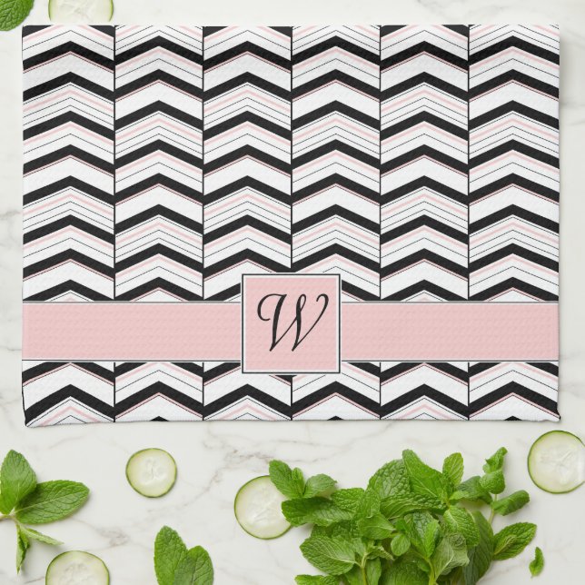 Torchon de cuisine chevron noir blanc et rose (Plié)