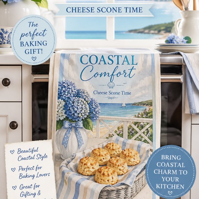 Torchon de cuisine côtier Cadeau de cuisson Décora (Coastal Comfort tea towel for baking lovers. A beautiful Hamptons-style kitchen gift idea.)
